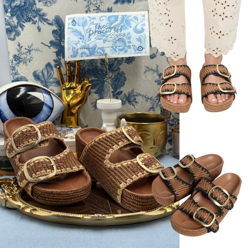 🆕 LOEFFLER RANDALL 🧿 NWOB Theo Embroidered Raffia Platform Sandal, Brown Sz 7